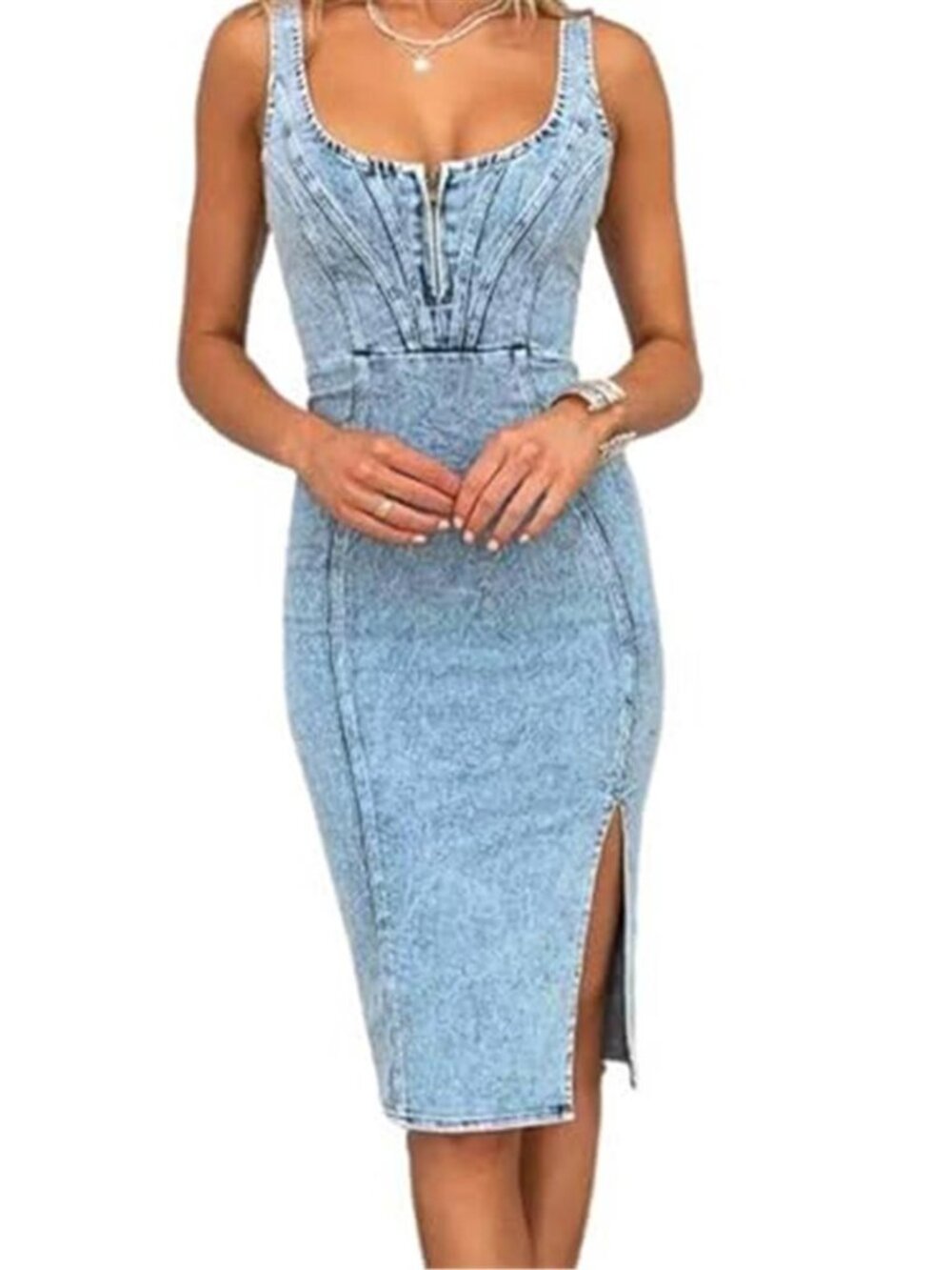 Women's Sleeveless Side Slit Bodycon Midi Jean Denim Dress